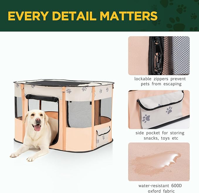 Avont Portable Dog Cat Playpen, Foldable Pop Up Pet Play Pen Travel Crate with Floor and Mesh Door Top for Indoor Outdoor Collapsible Tent Cage -S, Orange