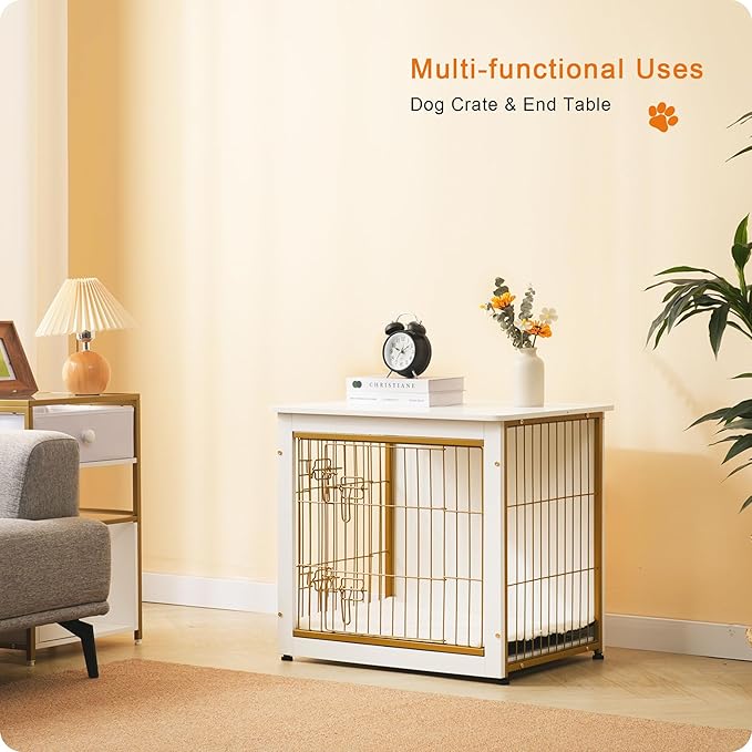 DWANTON Dog Crate Furniture with Cushion, Wooden Dog Crate with Double Doors, Dog Furniture, Dog Kennel Indoor for Small/Medium/Large Dog,End Table, Small, 27.2" L, White