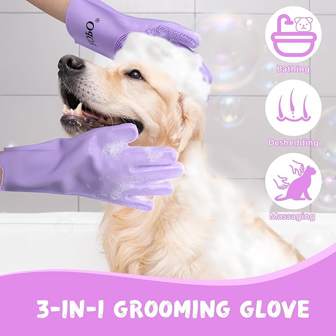 ROPO silicone gloves for pet grooming, multi-functional gloves for pet hair shedding, bathing, and massage (Purple)
