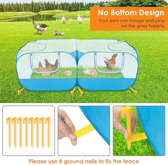SlowTon Small Animals Playpen, Portable Large Chicken Run Coop with Breathable Transparent Mesh Walls Foldable Pet Cage Tent with 4 Zipper Doors for Puppy Rabbits Outdoor Yard (No Bottom)
