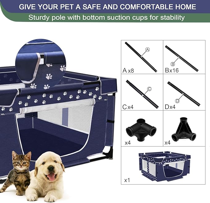 Puppy Playpen, 43.3x43.3 Inch Large Dog Play Pen for Small Pets Cats with Zipper Gate Dog Fence, Thickened Oxford Fabric Dog Playpen Indoor & Outdoor
