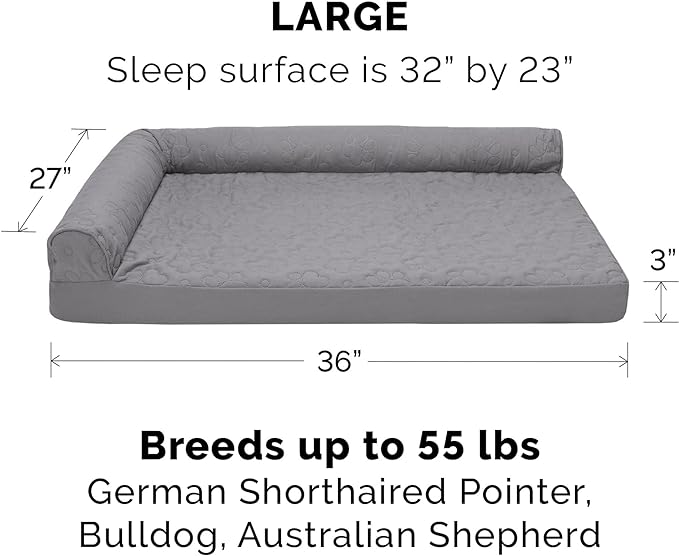 Furhaven Memory Foam Dog Bed for Large/Medium Dogs w/ Removable Bolsters & Washable Cover, For Dogs Up to 55 lbs - Pinsonic Quilted Paw L Shaped Chaise - Titanium, Large