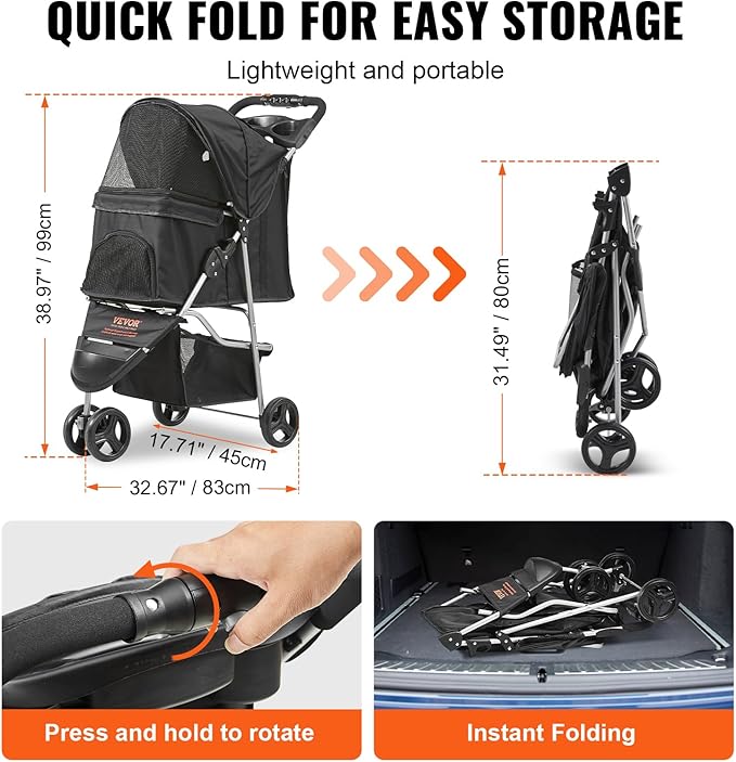 VEVOR Pet Stroller for Dogs and Cats up to 35lbs, 3 Wheels Folding Dog Cat Stroller for Medium Small Dogs, Portable Lightweigh Puppy Doggy Doggie Jogging Stroller with Storage Basket and Cup Holder