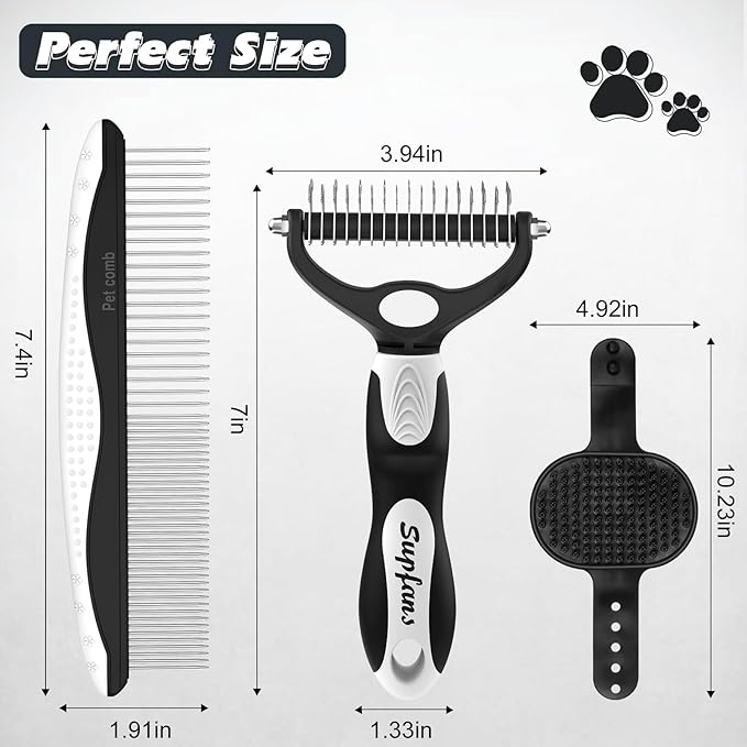 3PCS Dog Grooming Kit I Dog Brush for Shedding I Deshedding Dog Brush I Metal Dog Comb I Dog Bath Brush I Undercoat Rake for Dogs and Cats I Premium Pet Supplies (White Black)