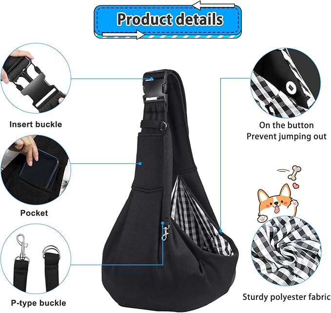 Kanemc Small Dog Sling Carrier Include Bottom Support, Puppies Cat Wrap Carrier Sling Adjustable Strap Zip Pocket, Hands Free Pets Pack for Outdoor Travel Vet (Black)