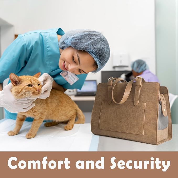 Stylish Pet Carrier Purse Leather Bag for Small Dogs Cats Puppy,Airline Approved Soft-Sided Carriers (Vintage Brown)