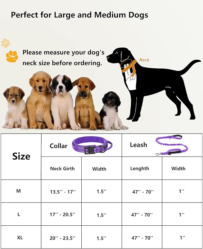 AUBELL Tactical Dog Collar and Leash Set, Adjustable Military Nylon Reflective Dog Leash and Collar with Handle and Heavy Metal Buckle for Medium Large Dogs, with Airtag Case and 2 Patches(Purple, L)