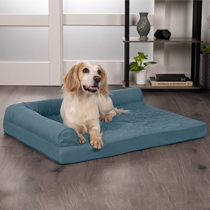 Furhaven Memory Foam Dog Bed for Large/Medium Dogs w/ Removable Bolsters & Washable Cover, For Dogs Up to 55 lbs - Pinsonic Quilted Paw L Shaped Chaise - Bluestone, Large