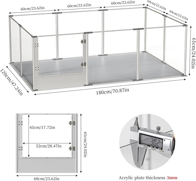 Dog Clear Playpen Fence Kennel: 10Panels Indoor Transparent Whelping Box Pen Cage with Waterproof whelping pad - Extra Long Acrylic Exercise Kennel with Metal Frame for Cats Puppy Rabbits Guinea Pig
