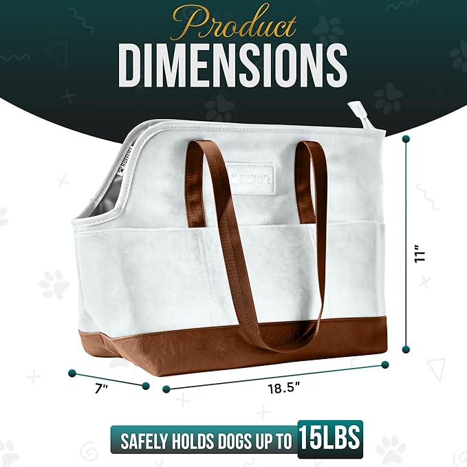 Luxury Dog Purse Carrier for Small Dogs, Faux Leather Pet Carrier Purse, Secure Harness Clip, Dog Tote Bag Carrier for Small Dogs and Puppies - White