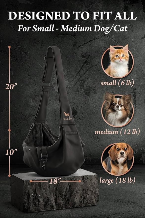 Noah & Paw Dog Sling Carrier for Small Dogs 5-18lb, Dog Sling for Small Dogs and Cats, Dog Carrier with Adjustable Padded Strap, Premium Twill, Lined with Fur, Double Safety Feature, Machine Washable