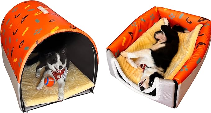 Dog Bed or Cat Bed,2 Ways to Use,Indoor Pet House with Fluffy Mat,Removable and Washable Cover,Splash-Proof House and Non-Slip Bottom,for Medium Dogs and Cats(L Orange & Gray)