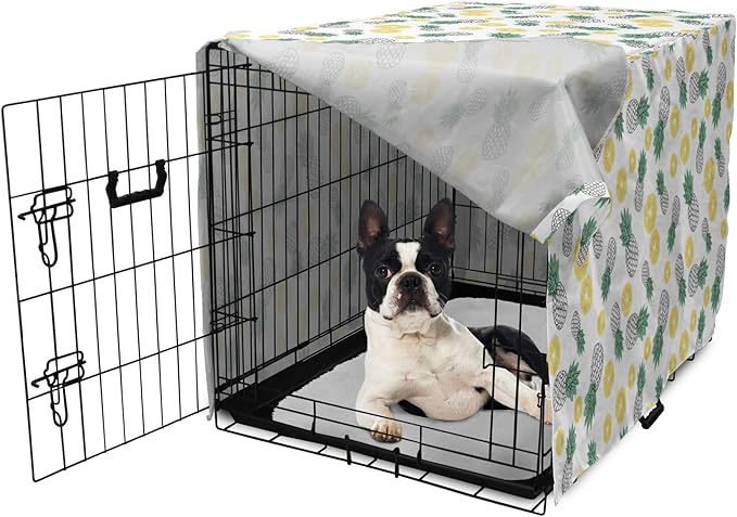 Lunarable Pineapple Dog Crate Cover, Doodle Style Whole and Sliced Pieces, Easy to Use Pet Kennel Cover for Small Dogs Puppies Kittens, 22 Inch, White Yellow Jade Green