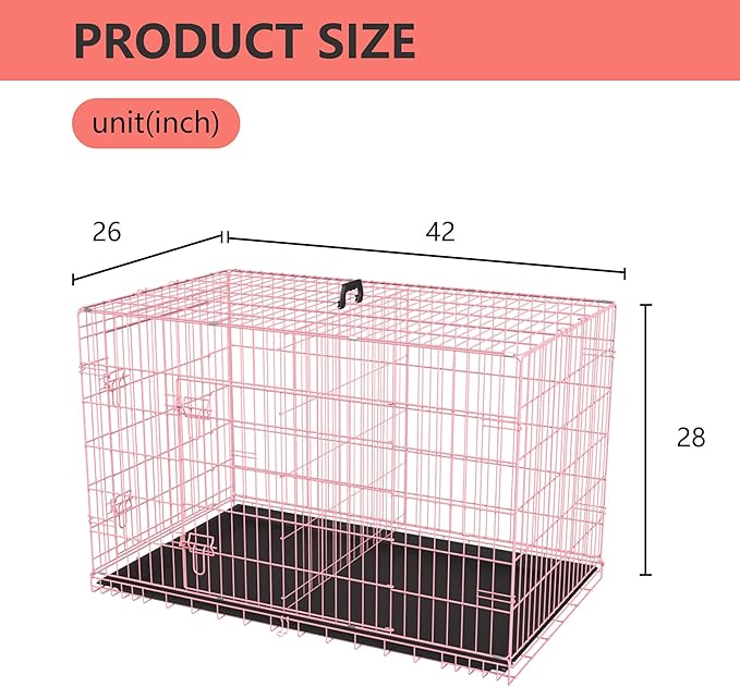 FDW XL Dog Crate Dog Kennel Cage with Double Door,42 inch Folding Metal Wire Dog Cage with Removable Tray&Divider Panel,Pet Crate for Medium Large Dogs,Pink