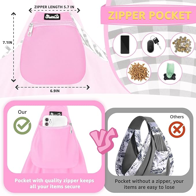 Lukovee Pet Sling, Hand Free Dog Sling Carrier Adjustable Padded Strap Tote Bag, Shoulder Bag with Safety Belt & Front Pocket for Small Dog Cat Puppy (Pink-WY,S)