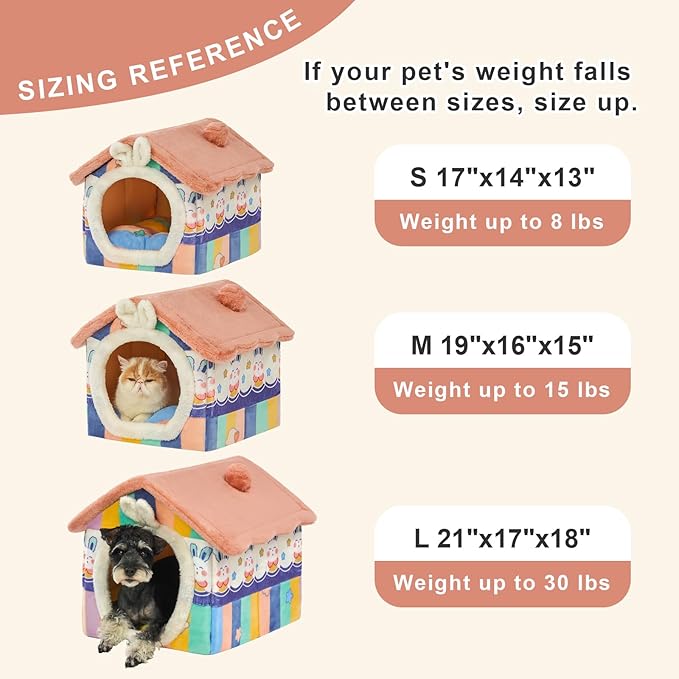 JIUPETY Cute Cat Beds for Indoor Cats, Foldable Cat House with Non-Slip Bottom, S Size Kitten Bed Up to 8 Lbs Kitty, Rainbow