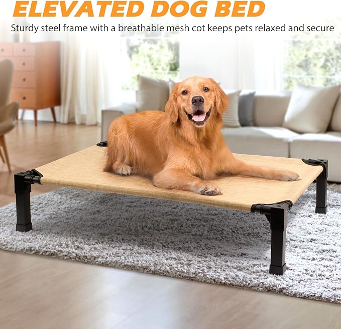 Cooling Elevated Dog Bed, Raised Dog Bed with Washable Breathable Mesh and Metal Frame, Portable Dog Cot Bed with No-Slip Feet for Outdoor and Indoor Use