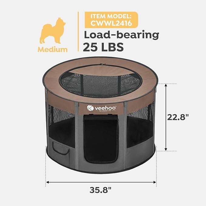Veehoo Portable Puppy Playpen, Pet Kitten Playpen for Indoor Portable PopUp Dog Kennel Foldable Playpen Outdoor Tent Crate with Carrying Case for Kitten Puppy Small Animal,Coffee 35.8"Lx35.8"Wx22.8"Th