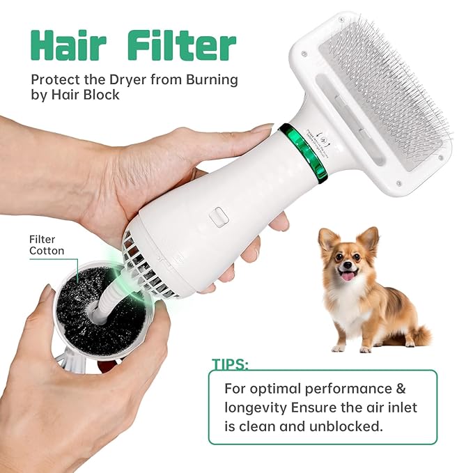 Pet Hair Dryer, 2-in-1 Dog Hair Brush Dryer With Slicker Brush, 300W Pet Grooming Dryer for Small and Medium-Sized Dogs and Cats, Portable & Adjustable Temperature