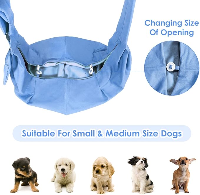Lukovee Pet Sling, Hand Free Dog Sling Carrier Adjustable Padded Strap Tote Bag Breathable Cotton Shoulder Bag Front Pocket Safety Belt Carrying Small Dog Cat Puppy Machine Washable (Light Bule, M)