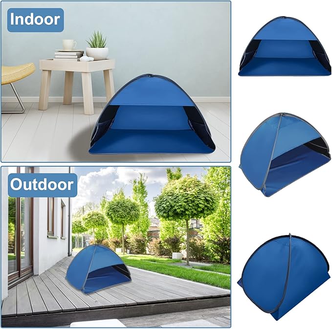 Pop Up Beach Sun Tent, 1 Pack Foldable Pop Up Beach Tent Sun Shelter for Anti-UV Windproof Face Head Shade Protection Tent for Outdoors Camping Picnic Beach, Black Glue Blue L
