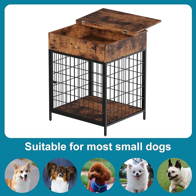 Rustic Brown Decorative Dog Kennel with Drawer - Indoor Pet Crate End Table for Small Dog, Steel-Tube Dog Cage, Chew-Proof