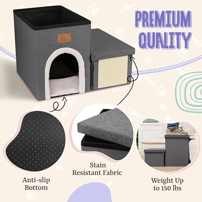 downluxe Dog Stairs for Small Dogs, Foldable Dog Steps for Bed, Sofa and Chair, Non-Slip Pet Steps with Cat Scratcher and Condo (2-Step Pet Stairs, Dark Grey)