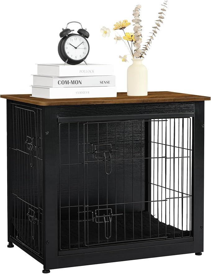 DWANTON Dog Crate Furniture with Cushion, Wooden Dog Crate with Double Doors, Dog Furniture, Dog Kennel Indoor for Small Dog,End Table, 27.2" L, Black+Warm Brown