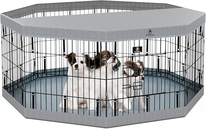 PJYuCien Puppy Playpen,8 Panels 24”H Dog Playpen with Gery Bottom Pad and Grey Top Cover,Metal Foldable Dog Exercise Pen for Indoor,Better for Small Pets