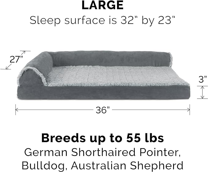 Furhaven Memory Foam Dog Bed for Large/Medium Dogs w/ Removable Bolsters & Washable Cover, For Dogs Up to 55 lbs - Two-Tone Plush Faux Fur & Suede L Shaped Chaise - Stone Gray, Large