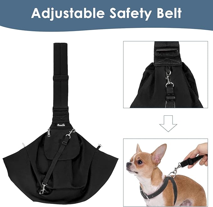 Lukovee Pet Sling, Hand Free Dog Sling Carrier Adjustable Padded Strap Tote Bag Breathable Cotton Shoulder Bag Front Pocket Safety Belt Carrying Small Dog Cat Puppy Machine Washable (Black, L)