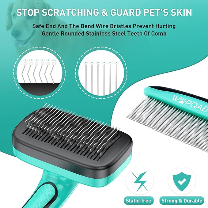 Dogs Self-Cleaning Slicker Brush for Shedding Long & Short Haired Cats, Safe Painless Bristles Removes Loose Undercoat, Tangled For All Size Pet, Grooming Set. Free Pet Comb + Nail Clippers