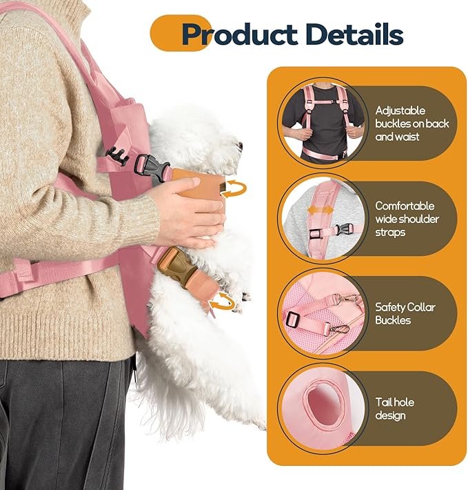 YUDODO Dog Backpack Carrier with Adjustable Safety Buckle Easy-fit Pet Dog Front Carrier for Small Medium Dog Legs Out Dog Chest Carrier for Traveling Walking Cycling (Medium, Pink)