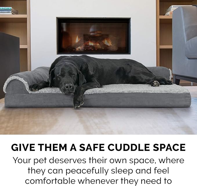 Furhaven Memory Foam Dog Bed for Large Dogs w/ Removable Bolsters & Washable Cover, For Dogs Up to 95 lbs - Two-Tone Plush Faux Fur & Suede L Shaped Chaise - Stone Gray, Jumbo/XL