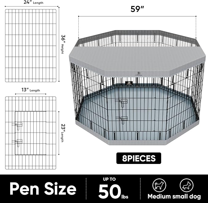 PJYuCien Puppy Playpen,8 Panels 36”H Dog Playpen with Gery Bottom Pad and Grey Top Cover,Metal Foldable Dog Exercise Pen for Indoor,Better for Small Pets,Grey