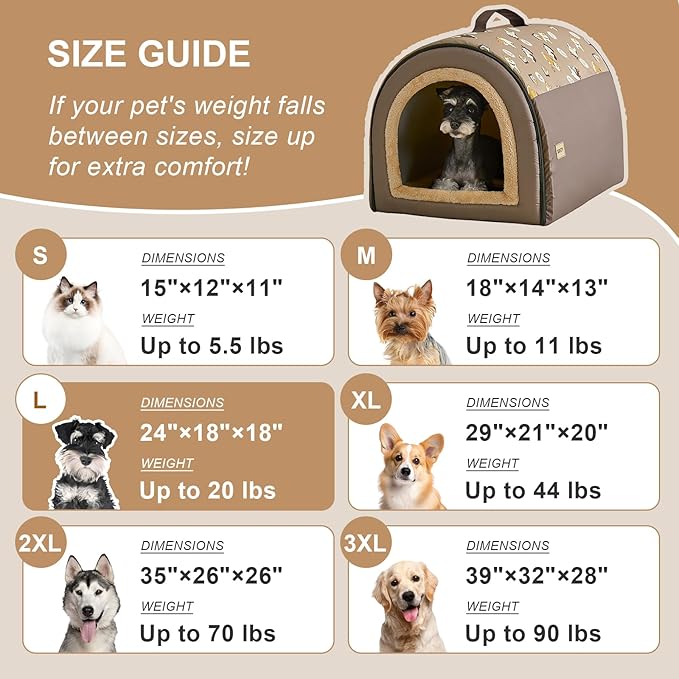 Jiupety Indoor Dog House, 2 in 1 Portable Foldable House Bed with Cover, Pet Tent & Cave Bed for Small Medium Dog, L(24"×18"×18"), Up to 20 Lb, Brown