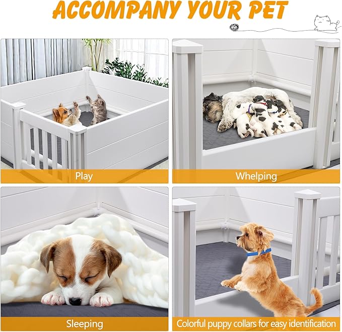 Whelping Box for Dogs and Puppies with Pig Rails and Waterproof Whelping Pad, 60×60×24in Puppies Playpen with Adjustable Height Door ID Collars for Medium Small Dogs