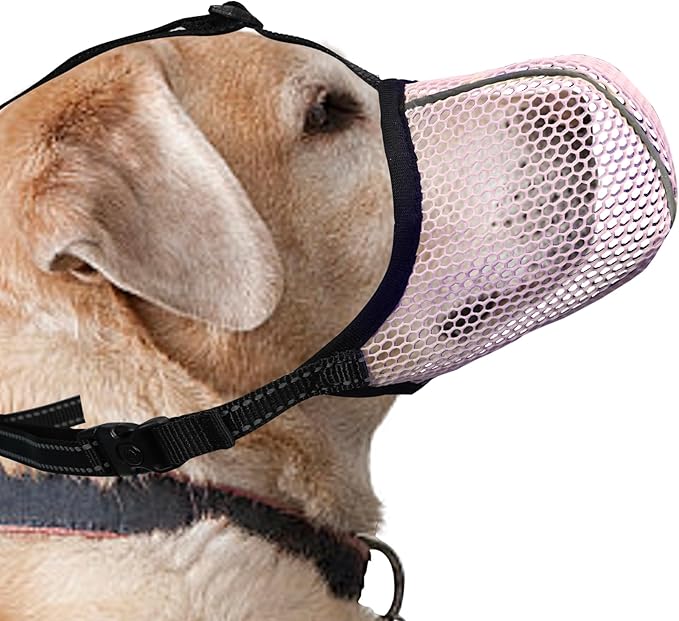 Pink Dog Muzzle, Breathable Soft Muzzle for Large Dogs to Anti & Prevent Barking Biting Chewing, Reflective & Adjustable Basket Muzzle with Air Mesh for Doberman Pink XL