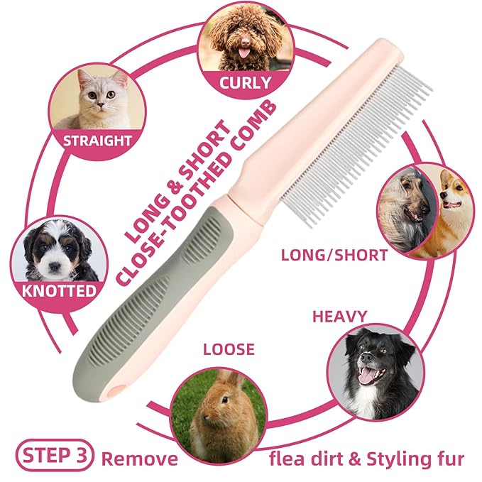 Pet Grooming Kit - 7 PCS Deshedding Brush Set with Slicker, Undercoat Rake, Bath Brush & Nail Clipper for Short & Long Haired Dogs, Cats (Pink)