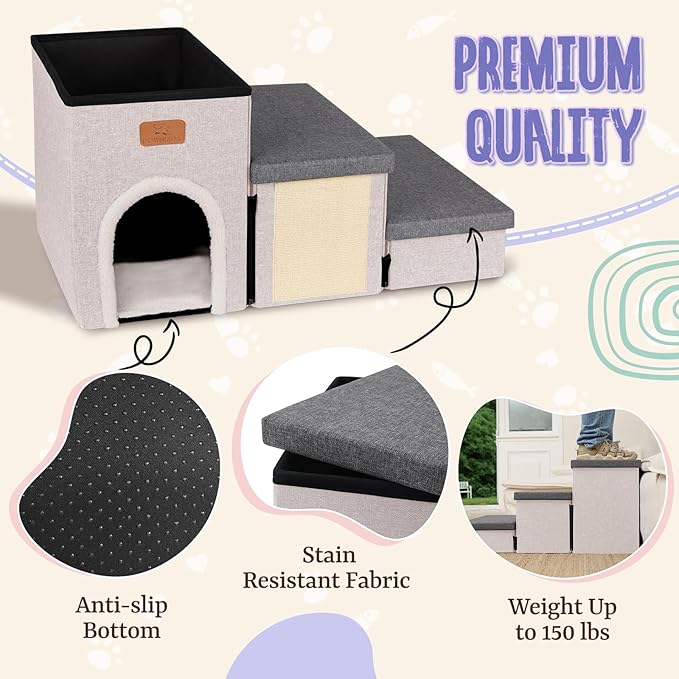 downluxe Dog Stairs for Small Dogs, Foldable Dog Steps for Bed, Sofa and Chair, Non-Slip Pet Steps with Cat Scratcher and Condo (3-Step Pet Stairs, Grey-Beige)