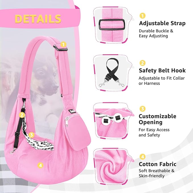 Lukovee Pet Sling, Hand Free Dog Sling Carrier Adjustable Padded Strap Tote Bag, Shoulder Bag with Safety Belt & Front Pocket for Small Dog Cat Puppy (Pink-WY,S)
