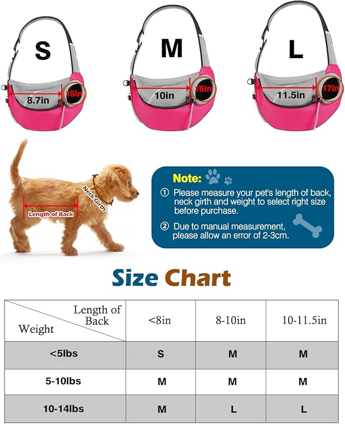 Pawaboo Dog Sling Carrier, Dog Papoose with Zipper Touch Pocket, Hand Free Breathable Mesh Puppy Carrier, Crossbody Satchel Dog Purse with Adjustable Strap for Outdoor Travel, Pink, Small