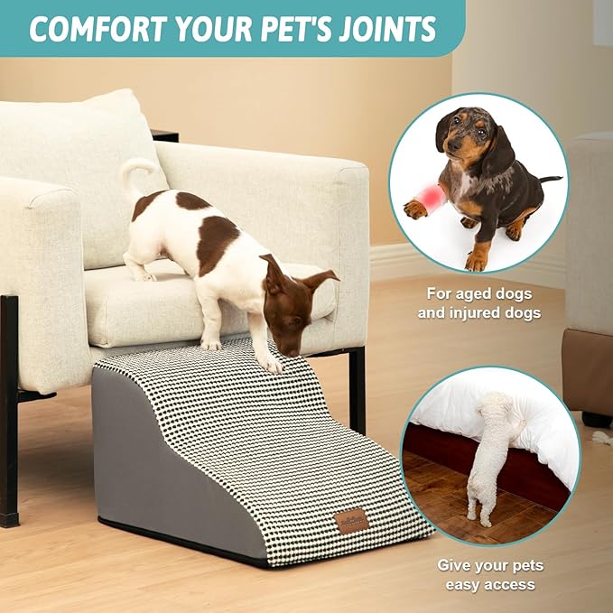 Curved Dog Stairs for Chair, Small Dogs Steps for Cat, Sofa or Couch, Pet Ramp with Leakproof Fabric Cover, Lightweight, High Density Foam, Durable, 15.7x19.7x11.8in, 2 Tiers, White Black