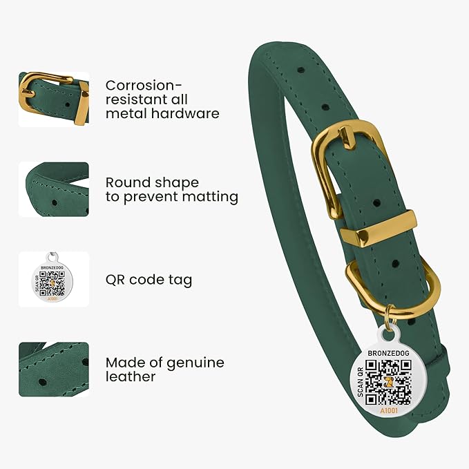 BRONZEDOG Rolled Leather Dog Collar with QR ID Tag Adjustable Soft Round Collars for Small Medium Large Dogs Puppy Cat (Emerald Green, 14-16 inch)