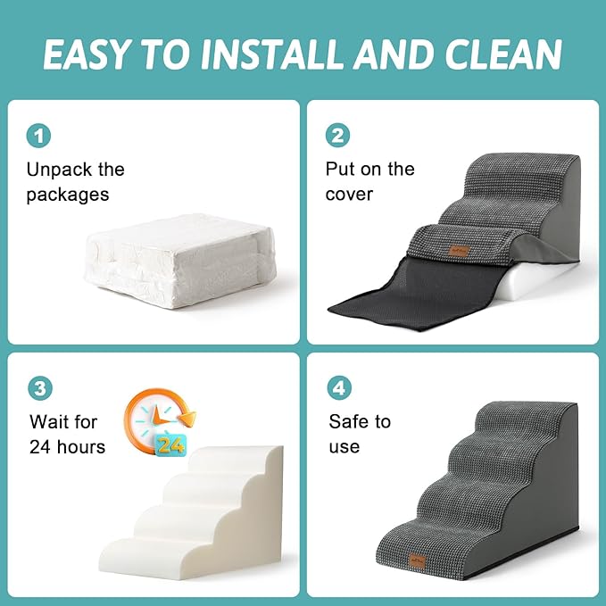 Dog Stairs for High Bed 22.6" H, Small Pet Steps with Leakproof Cover, High Density Foam Cat Ramp for Bed, Car or Couch, Lightweight, Durable, Comfort, 15.7x33x22.6 inch, 5 Tiers, Dark Grey