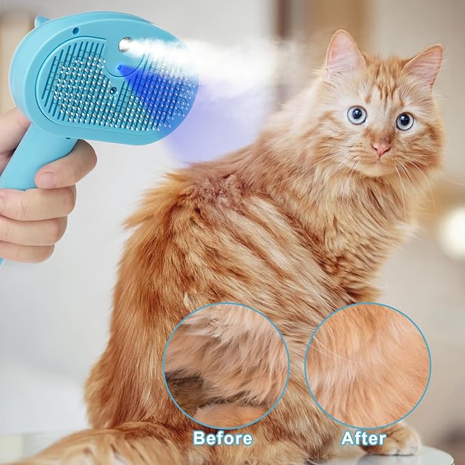 Pet Steam Hair Comb Brush for Shedding, 4 In 1 Spray Brush for Long & Short Haired Cat&Dog, Self-Cleaning Hair Remover with Water Tank And LED Blue Light, Release Button(Blue)