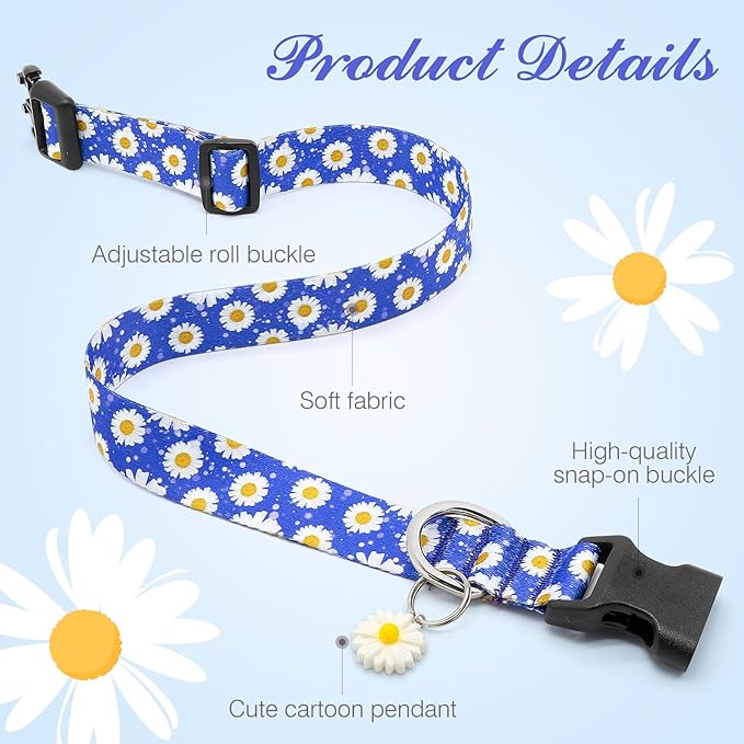 BiPawTi Floral Dog Collars for Large Dog - Soft Cute Dog Collars for Girls Dog Pretty Flower Collar with Daisies Charms, Gift for Female Male Boys Girls Dogs (L, Blue)