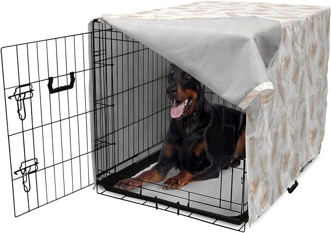 Lunarable Cream Dog Crate Cover, Fluffy Soft Flying Bird Feathers Hand Drawn Style Tender Nature Plumage Pattern, Easy to Use Pet Kennel Cover for Medium Large Dogs, 42 Inch, Pale Tan White
