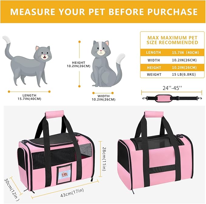 Cat Carrier Soft Side Dog Carrier for Cat Puppy, Collapsible Travel Pet Carrier, TSA Airline Approved Cat Carrier for Kitten Dogs15 lbs,Pink