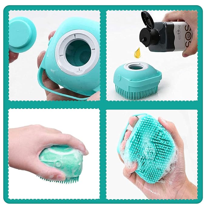 ELEGX Pet Grooming Bath Massage Brush with Soap and Shampoo Dispenser Soft Silicone Bristle for Long Short Haired Dogs Cats Shower (Blue)